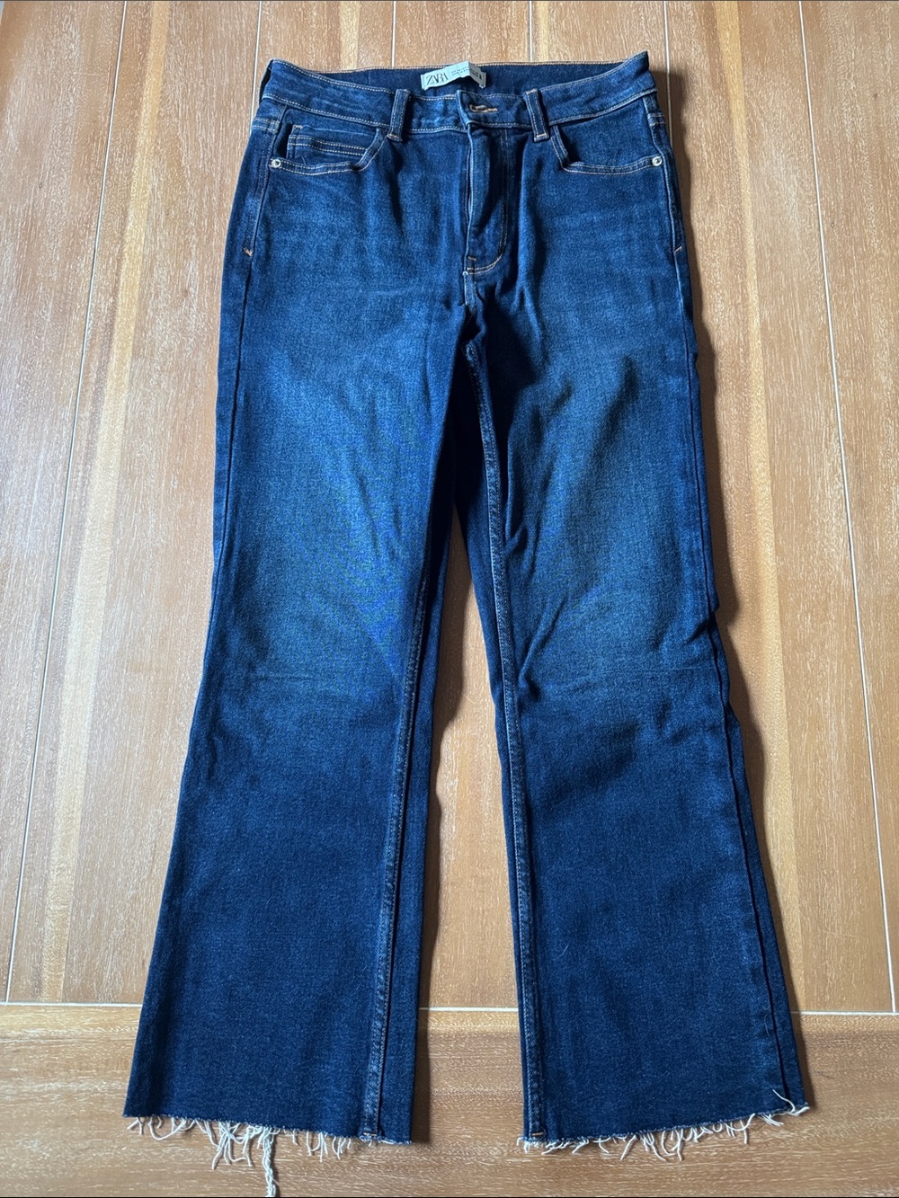 Zara Dark Blue Flare Jeans with Raw Hem